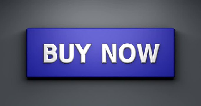 Animation 3d render: Buy Now button. On the website of the online store. Remote online shopping from home with a credit card. The buyer clicks a button on the site.
