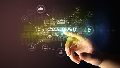 Hand touching CYBERSECURITY inscription, Cybersecurity concept