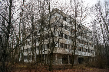 Abandoned ghost town Prypiat. Overgrown trees and collapsing buildings in Chornobyl exclusion zone....