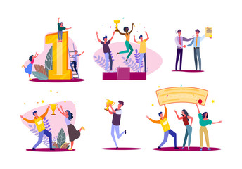 Set of casual people celebrating victory