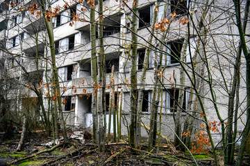 Abandoned ghost town Prypiat. Overgrown trees and collapsing buildings in Chornobyl exclusion zone. December 2019