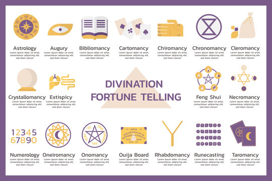 divination fortune telling infographic elements concept, occultism sign, magic symbols, mystery icon, flat vector illustration design