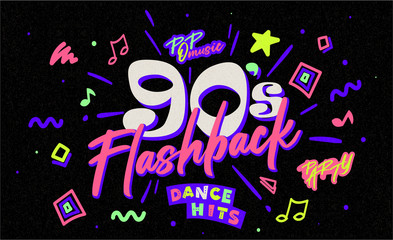 90s poster. Nineties flashback. Retro music style textures and objects mix. Aesthetic fashion background and old fashion graphic. Vintage vector 90's invintation card, banner. Easy editable template. 