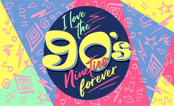 90s poster. Nineties flashback. Retro music style textures and objects mix. Aesthetic fashion background and old fashion graphic. Vintage vector invintation card, banner. Easy editable template.