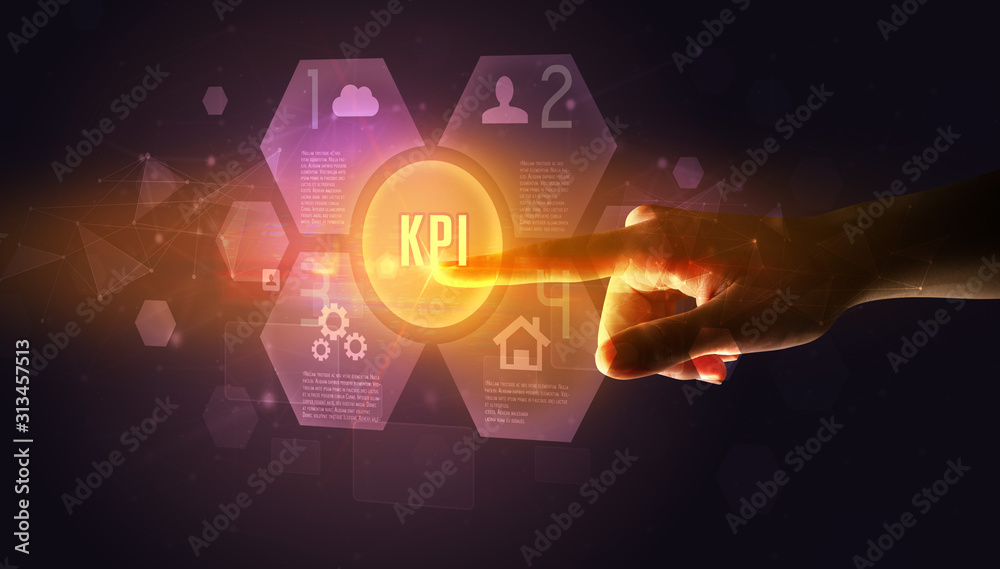 Poster Hand touching KPI inscription, new technology concept