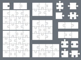 Puzzle pieces. Parts of puzzles for creative game, consistency thinking and solution in assembly of graphic image. Vector templates - obrazy, fototapety, plakaty