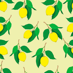 Seamless pattern with lemons  isolated on yellow background. Yellow fresh Fruits with green leaves. Summer design. Colorful wallpaper. Vector illustration.
