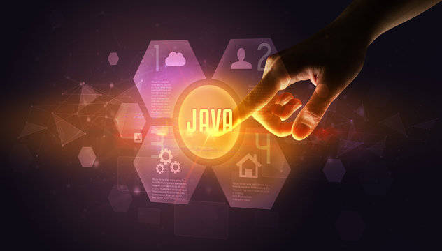 Hand touching JAVA inscription, new technology concept