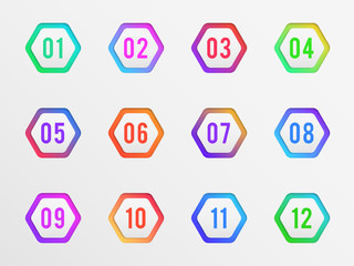 Fototapeta premium Bullet points. Colorful label number pointing bullets, modern pointers. Steps of simple shape for infographic layout and web design vector set