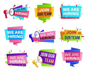 We are hiring labels. Join our team banners, announcement vacancy, creative recruiting offer flyer, help wanted advertising badges vector set