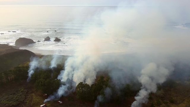Aerial, drone shot over firetrucks fighting a wildfire, on a cloudy day, in Big sur, California, USA