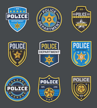 Police labels. Policeman law enforcement badges. Sheriff, marshal and ranger logo, police star medallions, security federal agent vector insignia