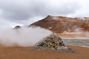 Steaming Fumarole in Geothermal at Namafjall Geyser in Myvatn, Northeast Iceland.