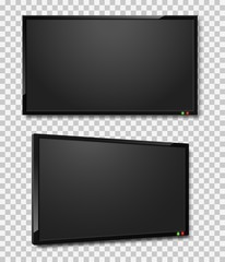 Tv screen. Realistic led or lcd tv screens, black panel monitor frontal and angle view. Modern digital technology plasma frame vector set