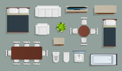 Furniture top view. Living apartment modern design, house project elements, interior top view sofa, table and chair, bed vector set