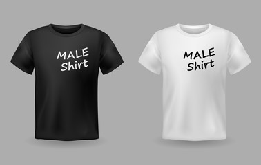 Shirt realistic. Textile realistic male black and white t-shirts with print sport text isolated vector sport outfit mockups