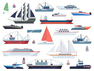 Sea ships. Fishing boat and big vessel for ocean travel on white background design vector shipping set © YummyBuum