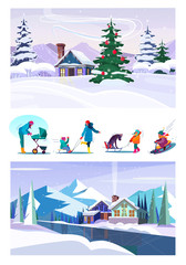Set of family having fun during winter holidays. Flat vector illustrations of people riding on sledges, walking with pram. Winter holidays concept for banner, website design or landing web page
