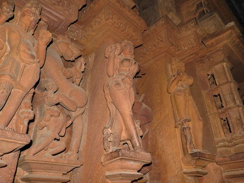 Interior, on the walls of ancient Kama Sutra temples in India kajuraho. UNESCO world heritage site. India's most famous landmark. Temple of love