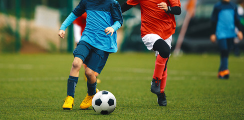 Youth Football Tournament. Youth Players Kicking Soccer Match on grass Stadium. Two Junior Level Soccer Players in Red and Blue Shirts Compete for Ball