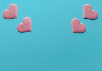 Valentine's Day background. A pink  heart  on blue background, flat lay minimal concept, trendy pop art style photo. Valentines day concept. Flat lay, top view, copy space