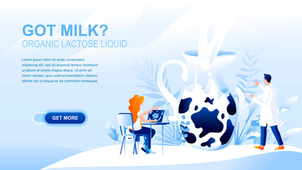 Organic milk flat landing page with header. Natural dairy products banner vector template. Healthy food, lactose free nutrition, dieting website layout. Lab worker cartoon character