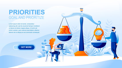 Priorities flat landing page with header, banner vector template. Life goals and values in order of importance. Brain, mind and money, wealth on different scales, prioritize, making difficult choice