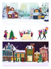 Set of families celebrating Christmas. Flat vector illustrations of people carrying presents, sitting at table and cheering. Winter holidays concept for banner, website design or landing web page
