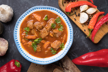 Beef goulash served in bowl