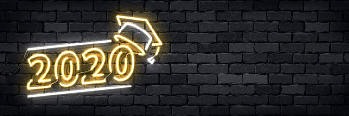 Vector of realistic isolated neon sign of Graduation 2020 flyer logo for template decoration and layout covering on the wall background. © comicsans