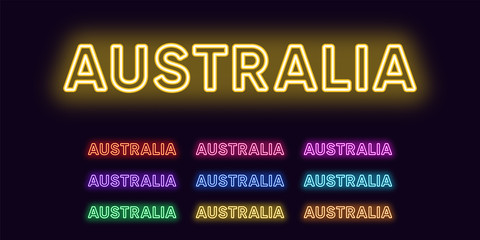 Neon Australia name, country in Oceania. Neon text of Australia