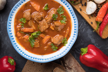 Beef goulash served in bowl