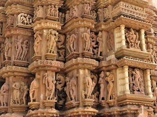 Erotic Human Sculptures at Vishvanatha Temple, Western temples of Khajuraho, Madhya Pradesh, India. Built around 1050, Khajuraho is UNESCO World heritage site and is tourist destination for erotica.