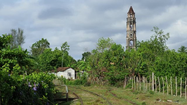 Railroad tracks and Manaca Iznaga Tower, Valle de los Ingenios, Sancti Spiritus Province, Cuba