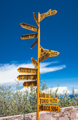 Waypoint sign in village at Taquile Island. Peru.