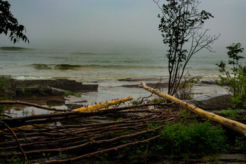 This is a view of Lake Superior near Eagle Harbor in Michigan, on a stormy day. Logs have fallen on the rocky shoreline.