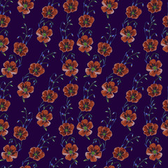 Small red flowers on green stems  with buds, hand painted watercolor illustration, seamless pattern design on dark blue background