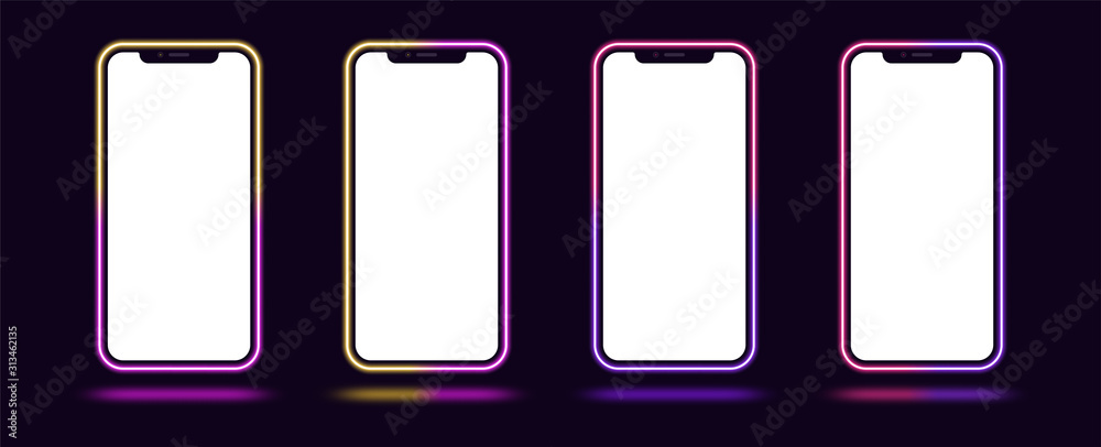 Wall mural Phone mockup with gradient neon border. Modern set of phone templates with creative duotone neon frame