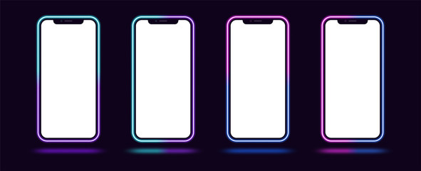 Phone mockup with gradient neon border. Modern set of phone templates with creative duotone neon frame