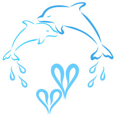 affectionate dolphins, parent and baby, and heart-shaped water drops