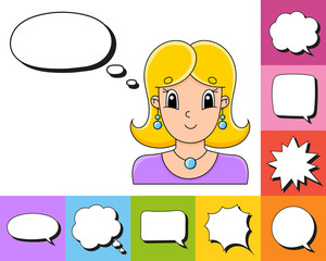 Set of speech bubbles of different shapes. With a cute cartoon character. Beautiful cute fashionable girl with jewelry. Vector illustration. Comic style.