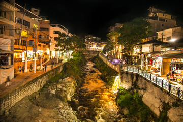 Urubamba River at night on  Machu Picchu Pueblo or Aguas Calientes town, Peru.