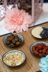 Mooncake ingredient on wooden mat.