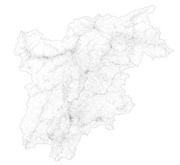 Satellite map of region of Trentino-Alto Adige towns and roads, buildings and connecting roads of surrounding areas, Italy. Map roads, ring roads