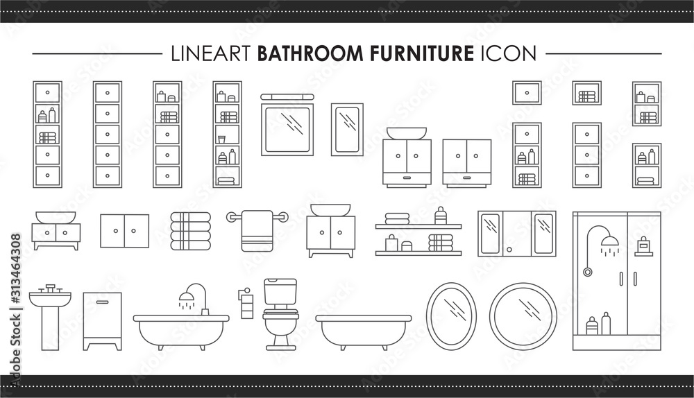 Wall mural Set room furniture and hand drawn line icons. Outline illustration of interior architecture vector for web design 