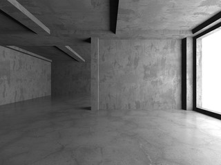 Dark concrete empty room. Modern architecture design. Urban textured background. 3d render illustration