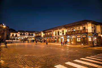 Historic Colonial Buildings on the Plaza de Armas Square with Many Visitor at Night, Cusco, Peru, South America