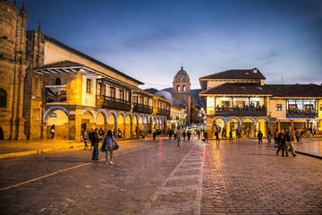 Historic Colonial Buildings on the Plaza de Armas Square with Many Visitor at Night, Cusco, Peru, South America, © Aleksandar Todorovic
