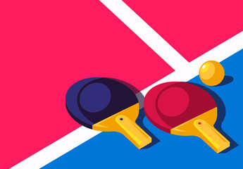 vector illustration of two rackets for a ping pong table game with a small ball, top view, in the style of isometry