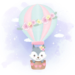 Cute fox floating on hot air balloon hand drawn cartoon illustration